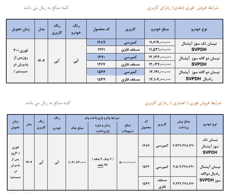 جدول شرایط فروش فوری و اقساطی وانت نیسان زامیاد ، شرایط ویژه آذر 1404