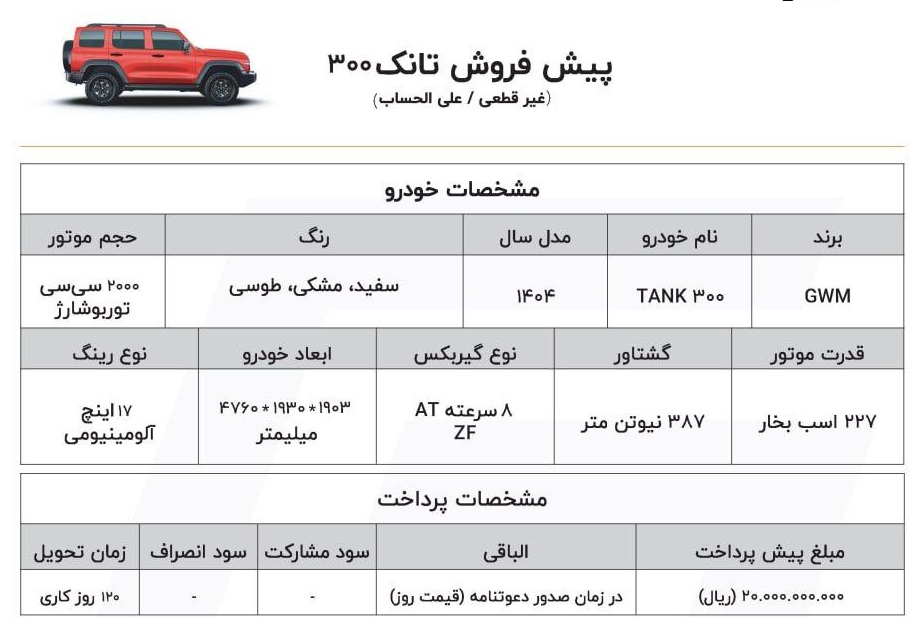 فروش ویژه تانک 300 برای خرداد ۱۴۰۴ آغاز شد. متقاضیان می‌توانند با ثبت‌نام اینترنتی از طریق سایت فروش نسبت به خرید نقدی این خودرو اقدام کنند. شرایط ویژه پرداخت و امکان سفارش تجهیزات اضافی نیز در این دوره ارائه شده است.