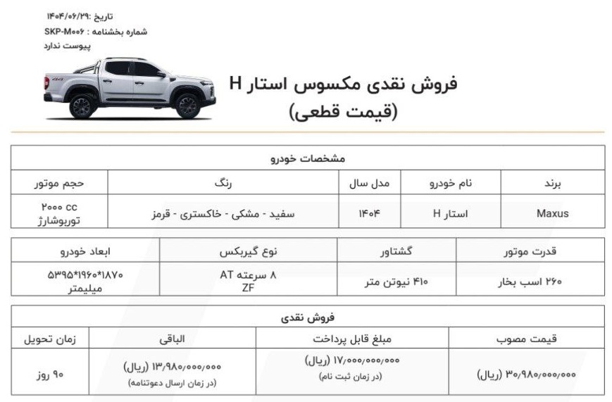 جدول شرایط فروش اینترنتی پیکاپ مکسوس استار H شهریور ۱۴۰۴ با قیمت قطعی، مشخصات فنی موتور توربو شارژ ۲۶۰ اسب بخار، گیربکس اتوماتیک ZF، زمان تحویل ۹۰ روزه، ثبتنام در سامانه شتابران خودرو، امکانات رفاهی پیشرفته و ظرفیت محدود