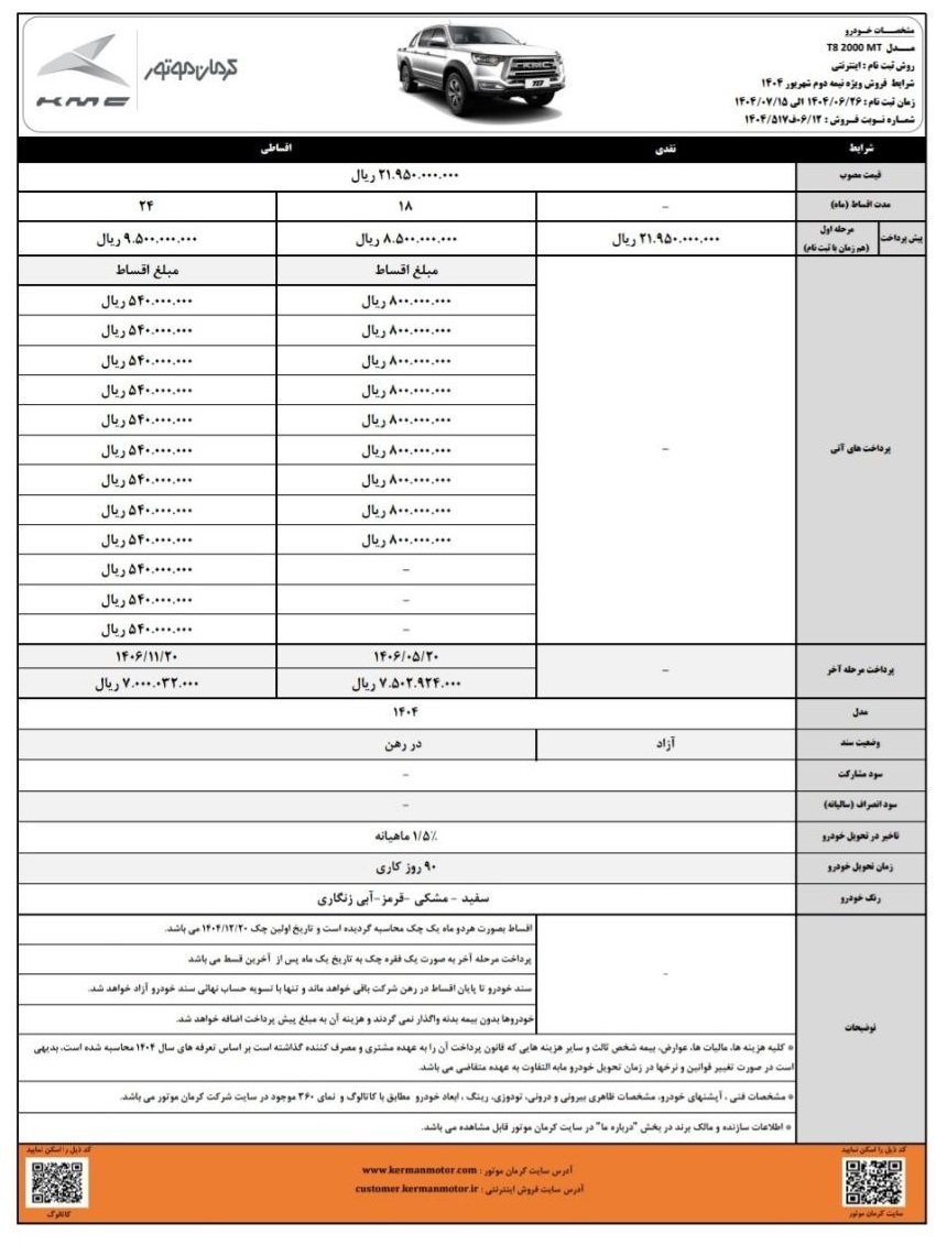 تصویر پیکاپ KMC T8 کرمان موتور در طرح فروش نقد و اقساط شهریور 1404 با قیمت قطعی و مشخصات فنی کامل نمای جانبی KMC T8 دو دیفرانسیل توربوشارژ کرمان موتور با امکانات رفاهی و ایمنی در فروش اینترنتی شرایط فروش نقدی و اقساطی KMC T8 کرمان موتور با موعد تحویل ۹۰ روزه و اقساط ۱۸ و ۲۴ ماهه