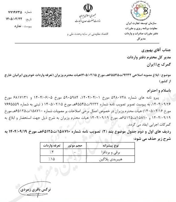 تصویر ابلاغ مصوبه اصلاحی در مورد تعرفه واردات خودروهای ورادتی ایرانیان مقیم خارج کشور