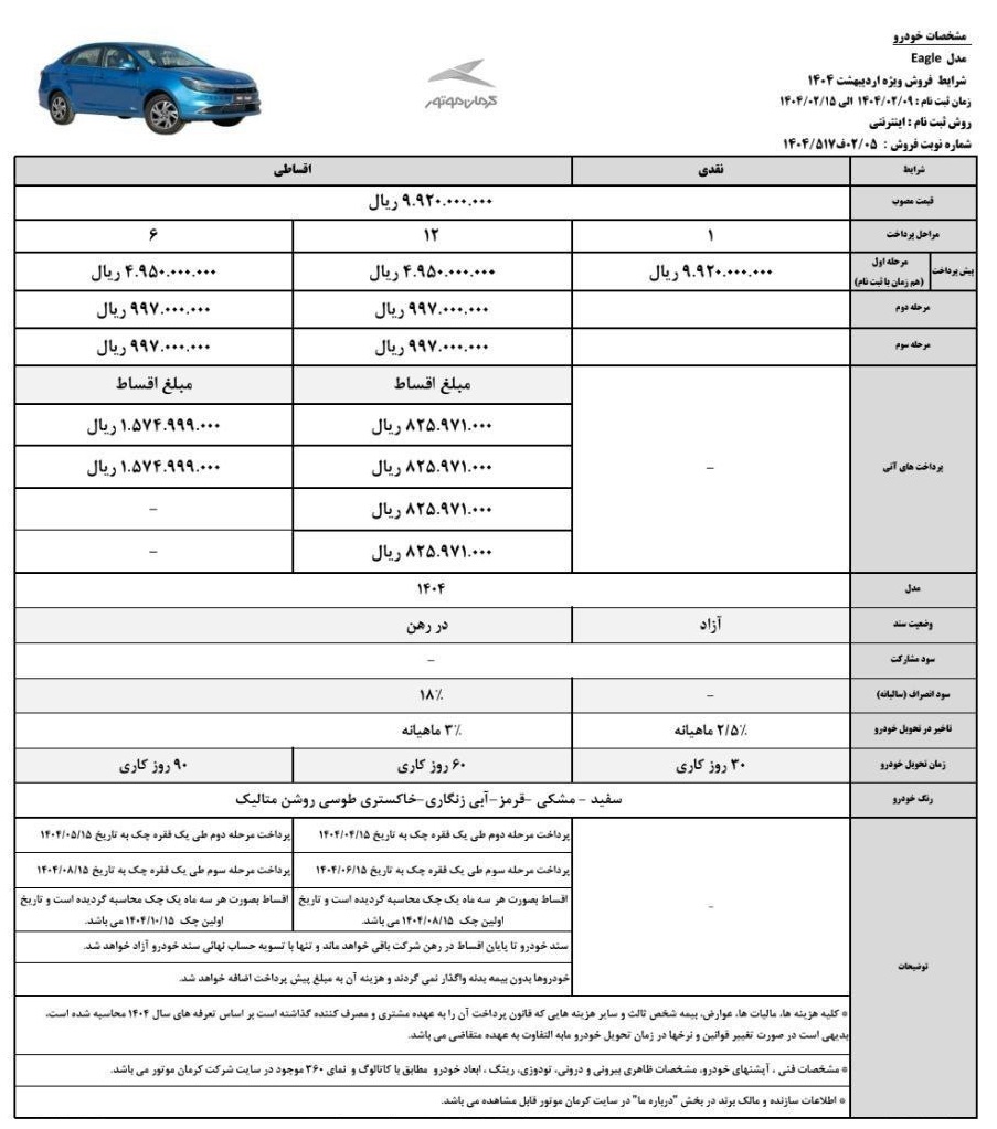 طرح فروش نقد و اقساطی KMC EAGEL (ایگل)کرمان موتور با قیمت جدید ویژه اردیبهشت 1404