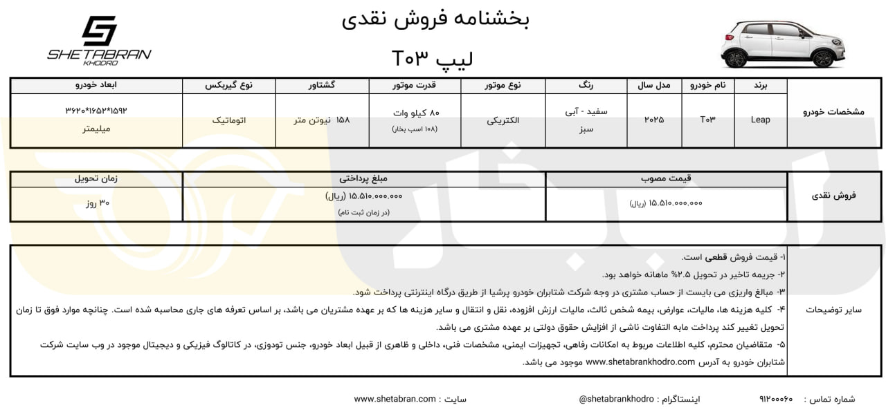 افزایش قیمت لیپ موتور T03، هاچبک برقی وارداتی با موتور الکتریکی، قیمت جدید ۱,۵۵۱,۰۰۰,۰۰۰ تومان، مشخصات فنی، فروش نقدی و اقساطی، خودرو برقی چینی در بازار ایران، شتابران خودرو