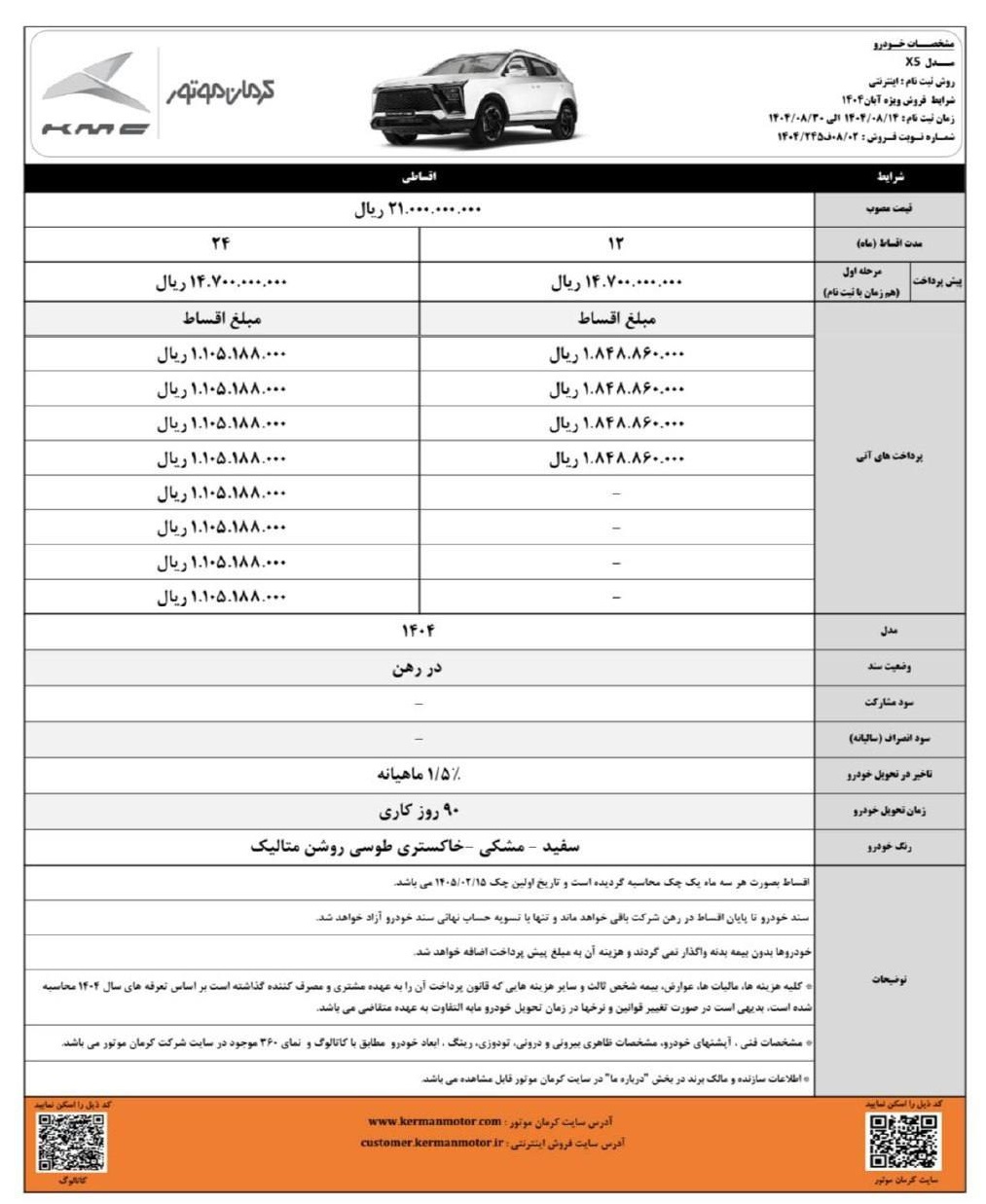 جدول شرایط فروش اقساطی KMC X5 در آبان ۱۴۰۴ با اقساط ۱۲ و ۲۴ ماهه و تحویل ۹۰ روزه