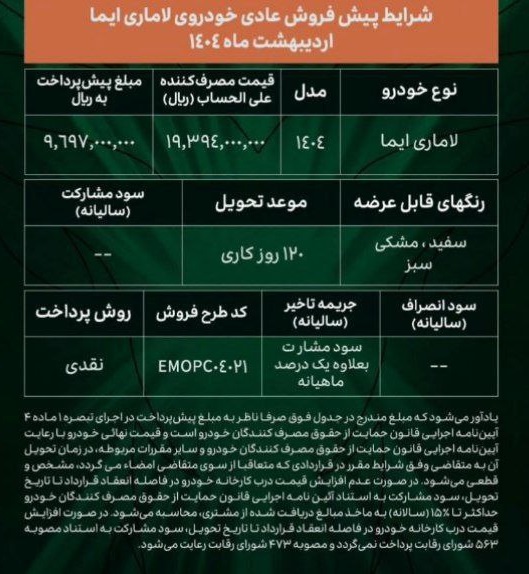 شرایط و جزئیات فروش فوری و پیش‌فروش خودرو لاماری ایما با قیمت جدید اردیبهشت ۱۴۰۴ | ثبت نام از ۱۵ اردیبهشت