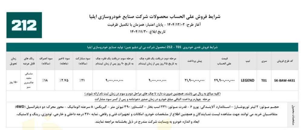 جدول کامل شرایط فروش خودرو آفرودی 212 T01 شامل قیمت علیالحساب، مبلغ پیشپرداخت، سود مشارکت، سود انصراف، رنگهای قابل عرضه و زمان تحویل 150 روزه