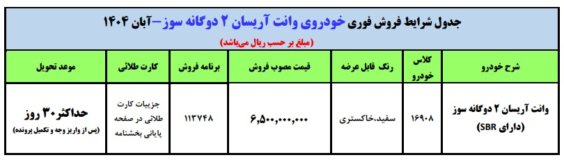  شرایط فروش فوری وانت آریسان 2 دوگانه‌سوز ایران‌خودرو | آبان 1404 