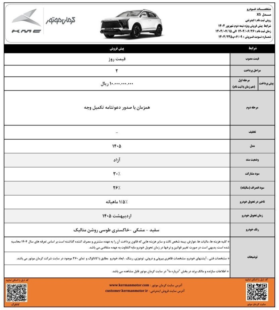  طرح فروش کرمان موتور شهریور مهر 1404 | ثبت‌نام اینترنتی خودروهای KMC | شرایط فروش X5، J7، T9، SR3، Eagle | تحویل اردیبهش 