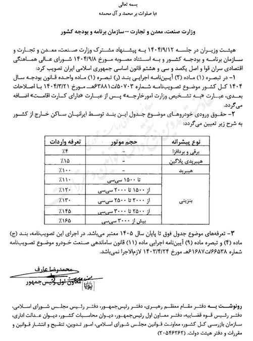 مصوبه هیئت وزیران در خصوص «اصلاح تبصره یک ماده (دو) آییننامه اجرایی بند (ر) تبصره یک ماده واحده قانون بودجه سال ۱۴۰۴ کل کشور» با شماره ۱۵۸۷۱۰ در تاریخ ۱۹ آذر ۱۴۰۴ توسط معاون اول رئیسجمهور ابلاغ شد.