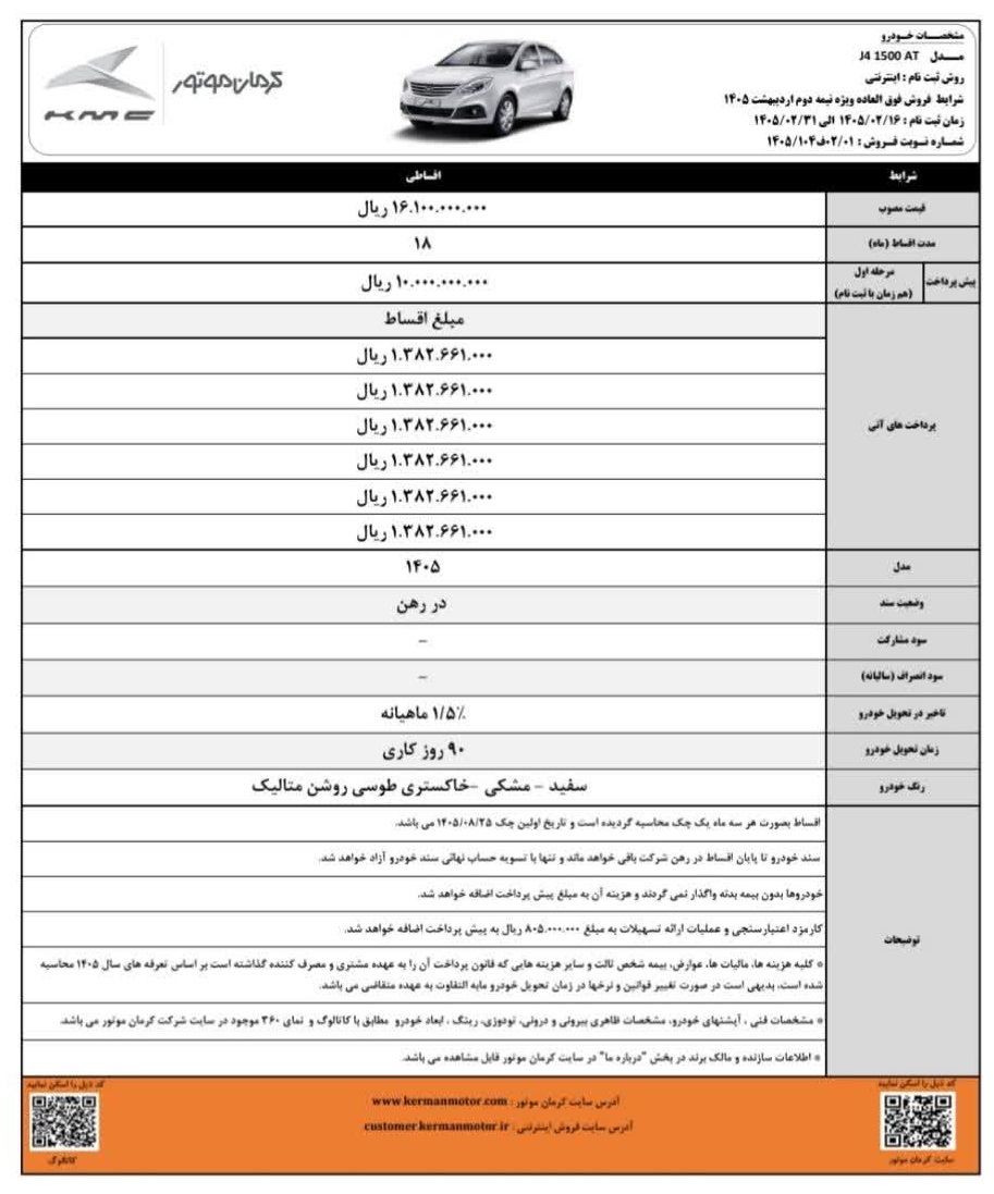 بخشنامه فروش اقساطی 1405 KMC J4 کرمان موتور ویزه اردیبهشت