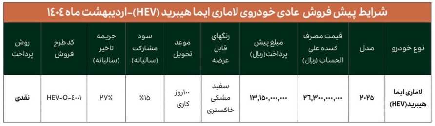 شرایط پیش فروش عدی خودرو لاماری ایما هیبرید (HEV) اردیبهشت 1404 | KHODROZI.IR