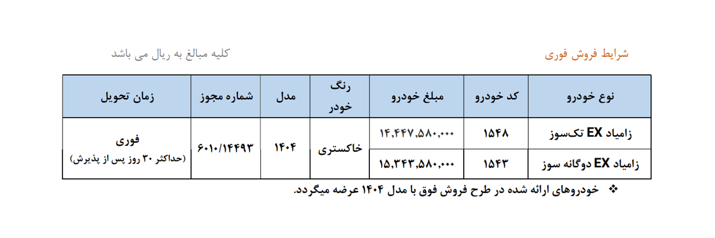 جدول شرایط فروش فوری زامیاد ex فروردین ۱۴۰۵
