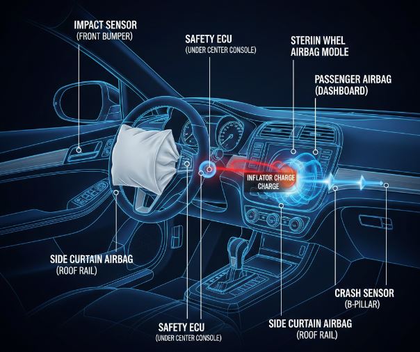 دیاگرام کامل اجزای سیستم کیسه هوا شامل سنسور ضربه، ECU ایمنی و چاشنی انفجاری در خودروهای وارداتی.