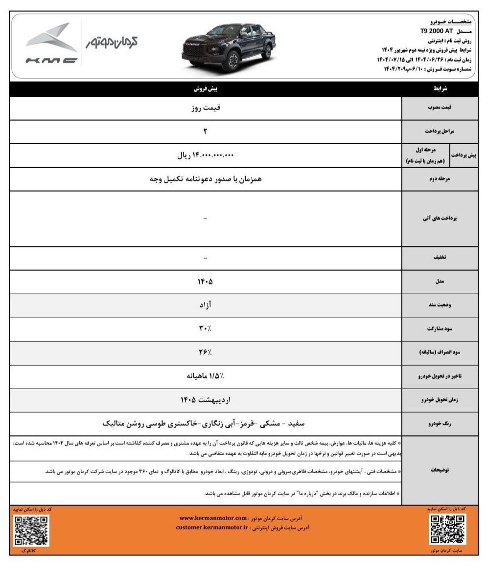 طرح فروش کرمان موتور شهریور مهر 1404 | ثبتنام اینترنتی خودروهای KMC | شرایط فروش X5، J7، T9، SR3، Eagle | تحویل اردیبهش