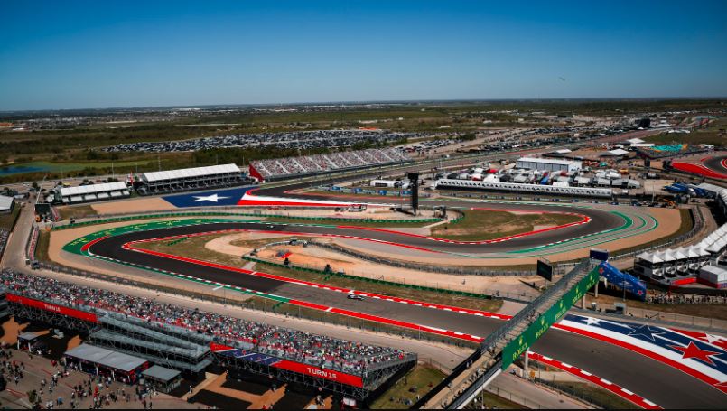 ماشینهای فرمول ۱ در پیست COTA آمریکا ۲۰۲۵ ،نمای هوایی پیست COTA در آستین تگزاس، میزبان گرندپری فرمول ۱ آمریکا ۲۰۲۵ با پیچهای فنی و مناطق DRS