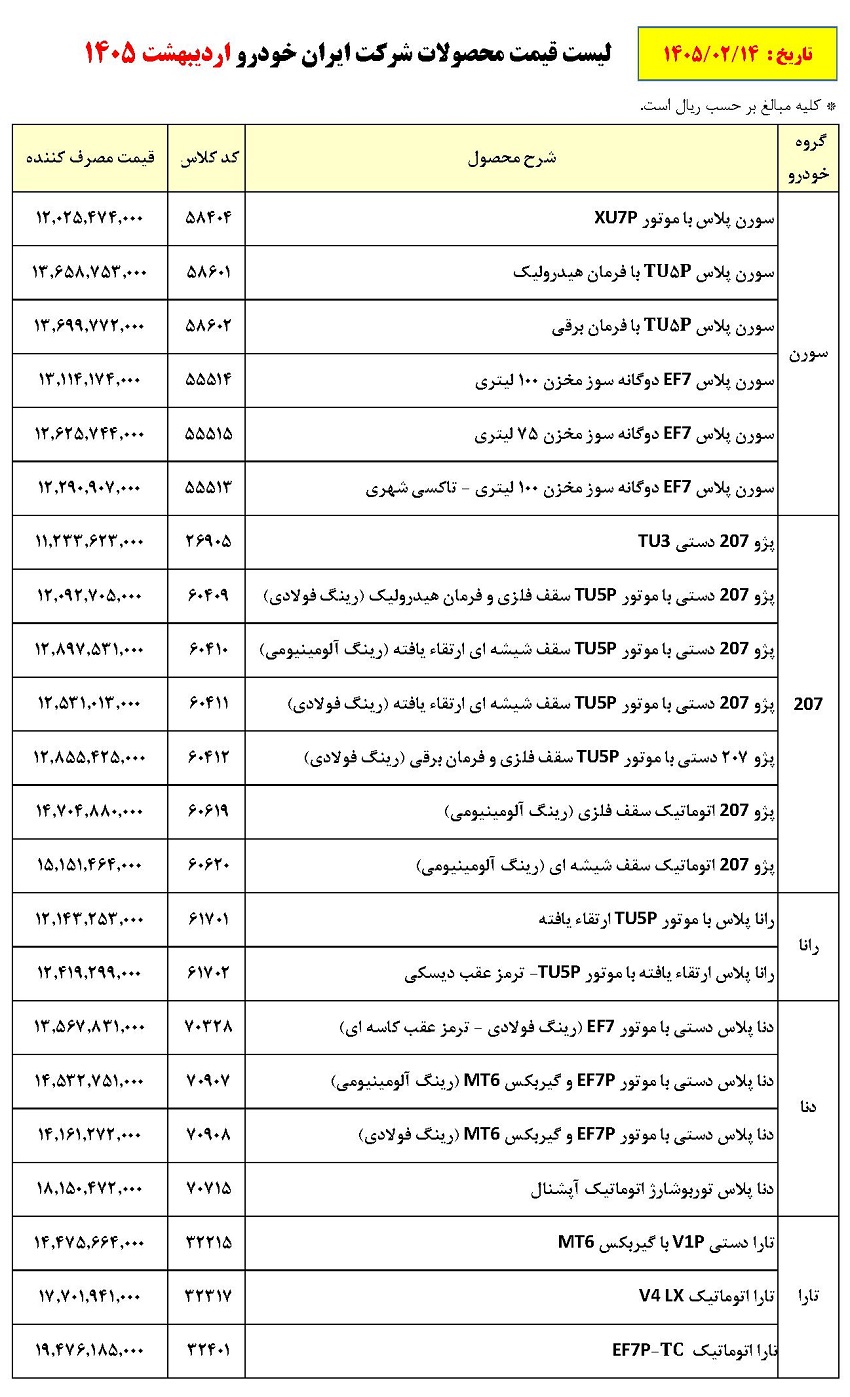 لیست قیمت جدید محصولات ایران‌خودرو اردیبهشت 140۵