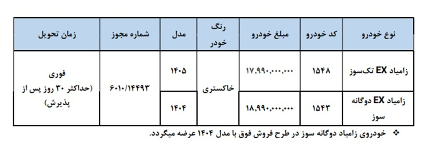 جدول شرایط فروش فوری و فوق العاده زامیاد EX | اردیبهشت 1405