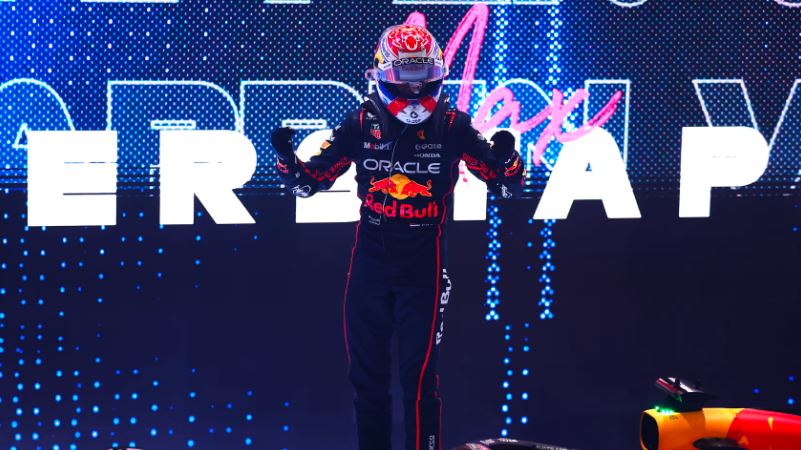 Max Verstappen celebrating on podium Qatar Grand Prix 2025 Lusail Circuit