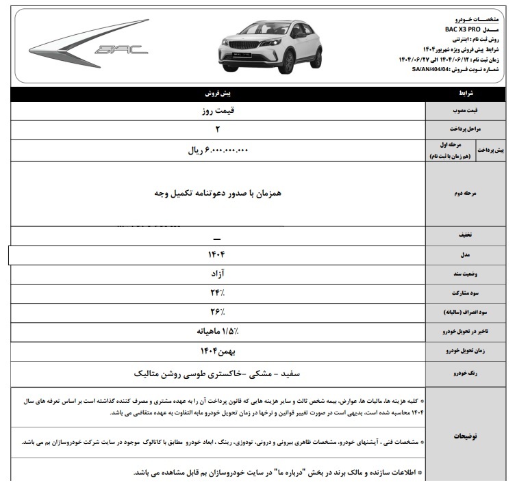 شرایط فروش خودرو بک X3 مدل 1404 با مشخصات فنی کامل، قیمت روز، تحویل فوری، موتور ۱۴۹۸ سی‌سی، گیربکس اتوماتیک CVT، مصرف سو 