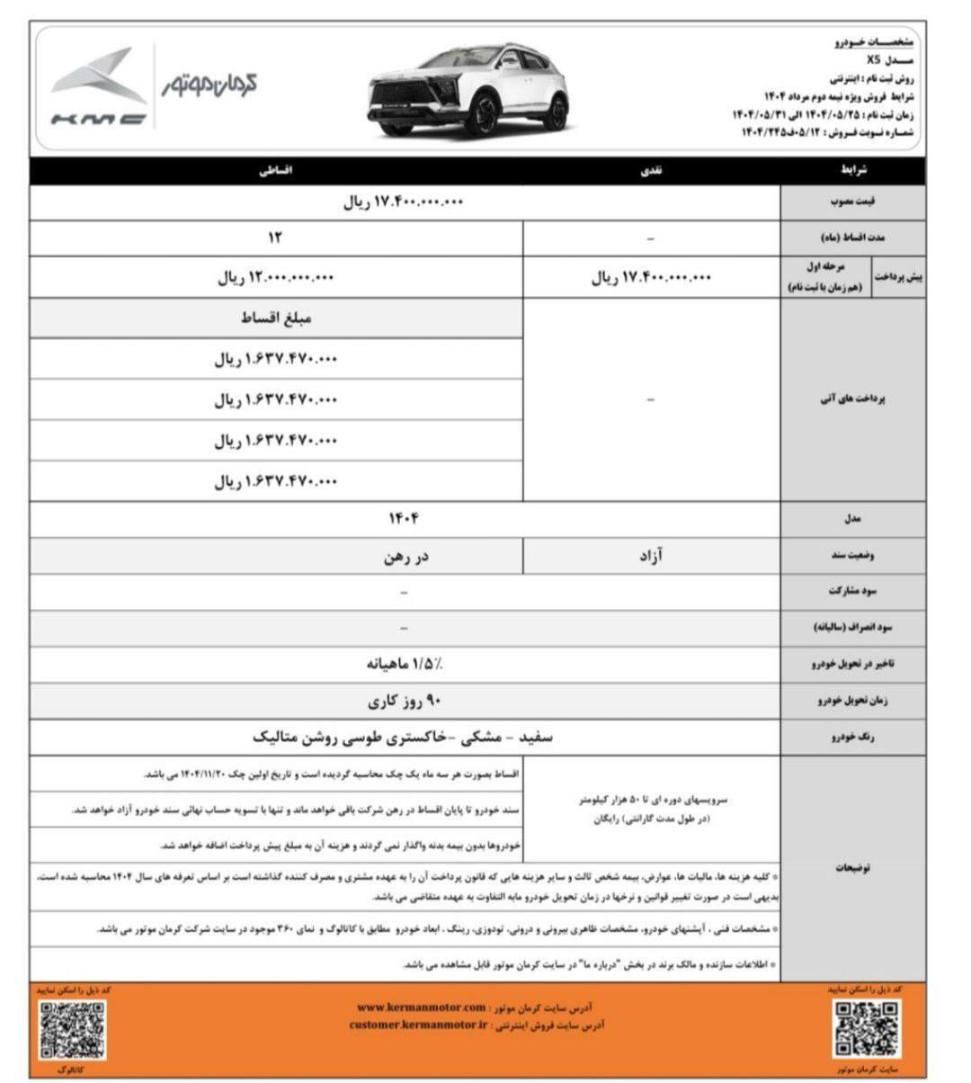  سند رسمی فروش و ثبت‌نام اینترنتی خودرو KMC X5 مدل ۱۴۰۴ با شرایط نقدی و اقساطی ویژه مردادماه کرمان موتور 