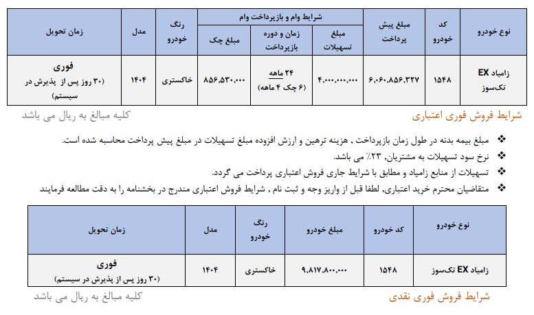 شرایط فروش فوری نقدی و اقساطی وانت نیسان زامیاد EX تکسوز مدل ۱۴۰۴ با تحویل ۳۰ روزه و تسهیلات ۲۴ ماهه. آغاز ثبتنام از ۶ آذر ۱۴۰۴ در سایت سایپا.