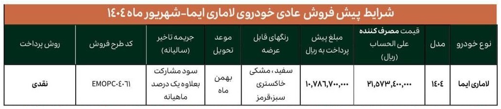  شرایط پیش‌فروش خودرو لاماری ایما شهریور۱۴۰۴، ثبت‌نام اینترنتی، قیمت علی‌الحساب، رنگ‌های قابل سفارش، تحویل بهمن 1404 