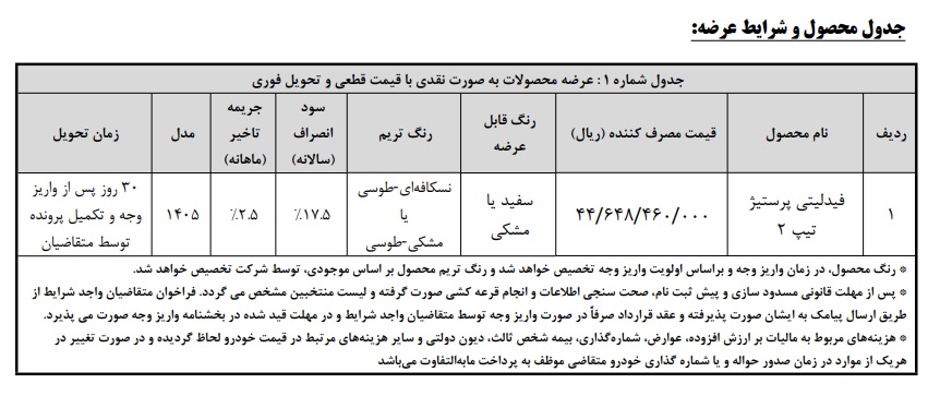 جدول شرایط فروش فیدلیتی پرستیژ بهمن موتور در خرداد 1405 شامل مهلت تکمیل وجه، تاریخ فعال‌سازی بخشنامه و جزئیات واریز وجه