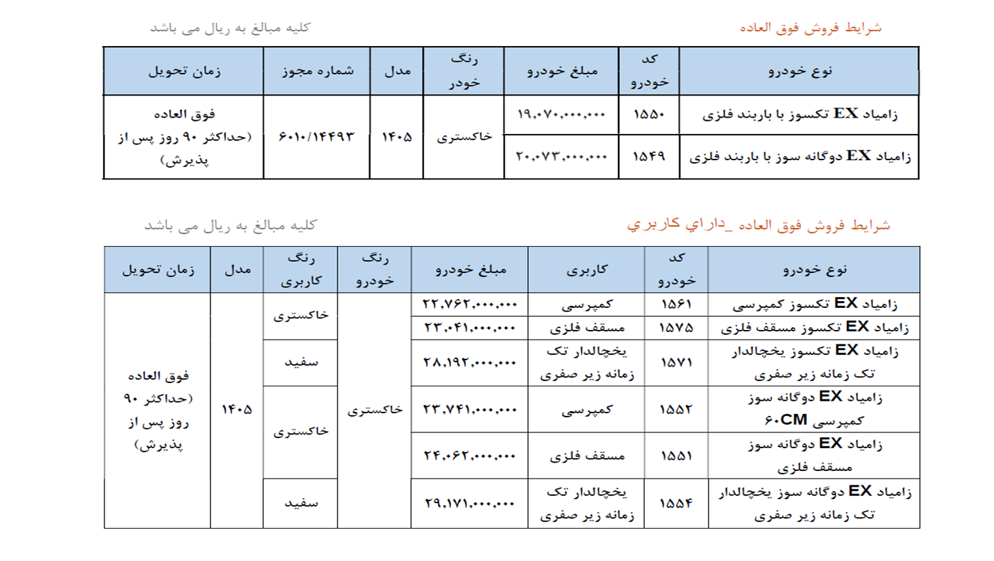  جدول شرایط فروش فوری زامیاد EX اردیبهشت ۱۴۰۵