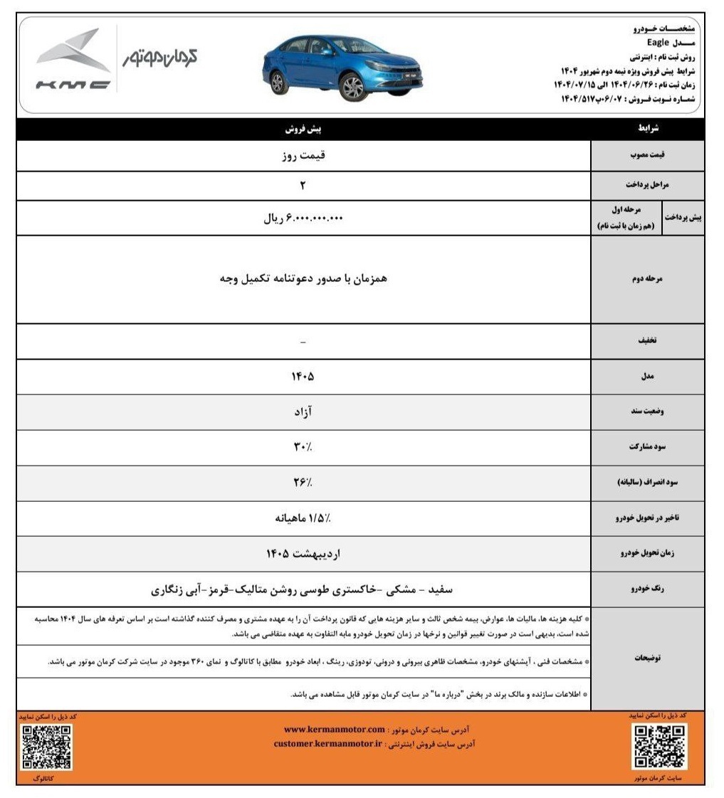  طرح فروش کرمان موتور شهریور مهر 1404 | ثبت‌نام اینترنتی خودروهای KMC | شرایط فروش X5، J7، T9، SR3، Eagle | تحویل اردیبهش 