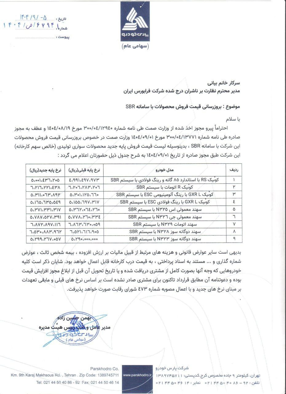 لیست قیمت جدید خودروهای پارس خودرو شامل کوییک و ساینا در آذر ۱۴۰۴