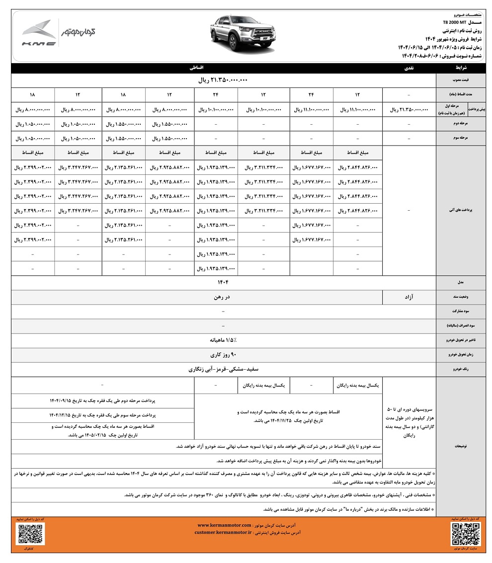 فروش اقساطی KMC T8 کرمان موتور شهریور 1404 با شرایط ویژه، قیمت روز، مشخصات فنی، ثبتنام آنلاین، تحویل سریع، خرید خودرو اقساطی